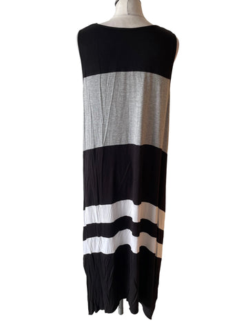 DKNY BLACK, GREY & WHITE COLOURBLOCK STRIPE JERSEY ASYMMETRIC SLEEVELESS A-LINE MAXI DRESS  SIZE L