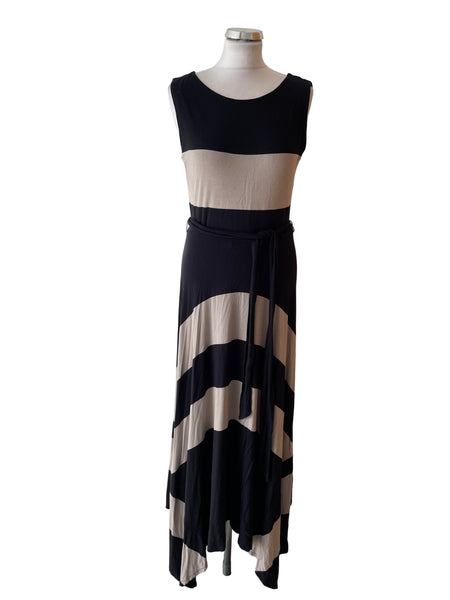 PHASE EIGHT BLACK & BEIGE STRIPE STRETCH JERSEY SLEEVELESS MAXI DRESS SIZE 14