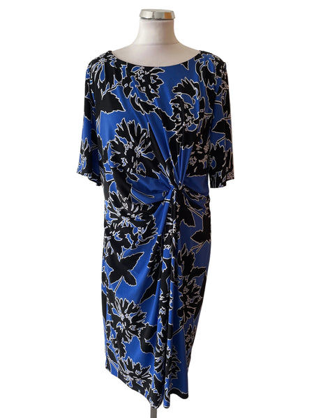 ANTHOLOGY BLUE & BLACK PRINT BOAT SHORT SLEEVED STRETCH JERSEY DRESS SIZE 18