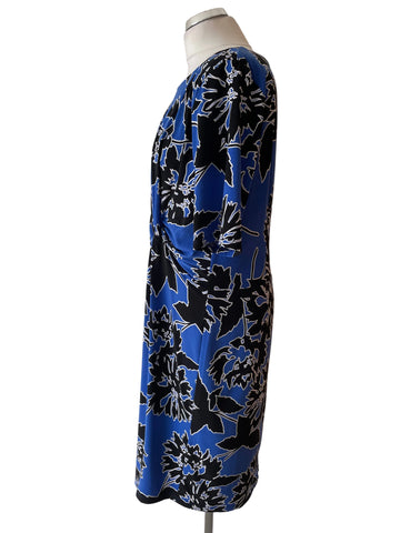 ANTHOLOGY BLUE & BLACK PRINT BOAT SHORT SLEEVED STRETCH JERSEY DRESS SIZE 18