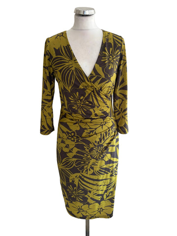 JAMES LAKELAND BROWN & LIME GREEN JERSEY STRETCH WRAP STYLE DRESS SIZE 44 UK 12
