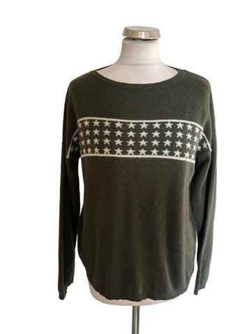 LUELLA GREEN CASHMERE & MERINO WOOL MIX ROUND NECK STAR PATTERN JUMPER  SIZE M