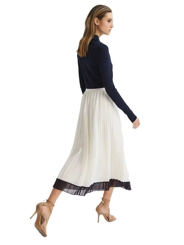 BRAND NEW REISS OSTI KNIFE PLEATED WHITE & NAVY TRIM MIDI SKIRT SIZE 8