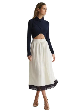 BRAND NEW REISS OSTI KNIFE PLEATED WHITE & NAVY TRIM MIDI SKIRT SIZE 8