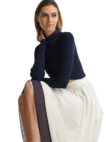 BRAND NEW REISS OSTI KNIFE PLEATED WHITE & NAVY TRIM MIDI SKIRT SIZE 8