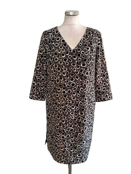 JAEGER GREY & BLACK PRINT V NECK SHORT SLEEVE SHIFT DRESS  SIZE 12