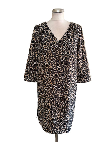 JAEGER GREY & BLACK PRINT V NECK SHORT SLEEVE SHIFT DRESS  SIZE 12