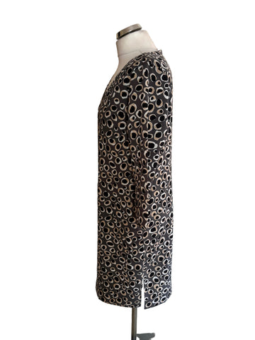 JAEGER GREY & BLACK PRINT V NECK SHORT SLEEVE SHIFT DRESS  SIZE 12