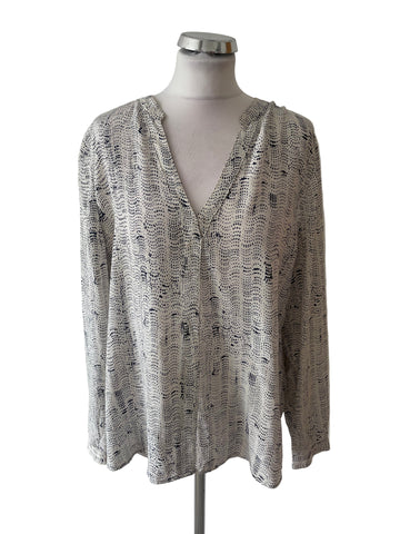 JIGSAW 100% SILK CREAM & DARK GREY PRINT BLOUSE SIZE 16