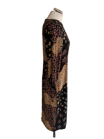 KACHEL X ANTHROPOLOGIE JOANNA BLACK MULTI COLOURED DITZY FLORAL PRINT 3/4 SLEEVED MIDI DRESS SIZE 8 UK 12