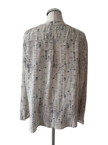 JIGSAW 100% SILK CREAM & DARK GREY PRINT BLOUSE SIZE 16