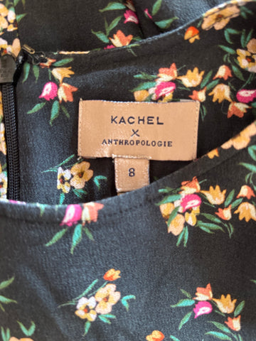 KACHEL X ANTHROPOLOGIE JOANNA BLACK MULTI COLOURED DITZY FLORAL PRINT 3/4 SLEEVED MIDI DRESS SIZE 8 UK 12