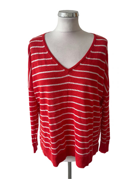 MINT VELVET 100% LINEN RED & WHITE STRIPE V NECK JUMPER SIZE M