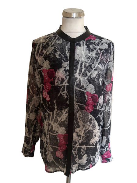 THE KOOPLES GREY & PINK FLORAL PRINT LEATHER TRIMMED BLOUSE  SIZE S