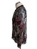 THE KOOPLES GREY & PINK FLORAL PRINT LEATHER TRIMMED BLOUSE  SIZE S