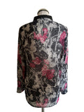 THE KOOPLES GREY & PINK FLORAL PRINT LEATHER TRIMMED BLOUSE  SIZE S