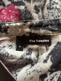 THE KOOPLES GREY & PINK FLORAL PRINT LEATHER TRIMMED BLOUSE  SIZE S