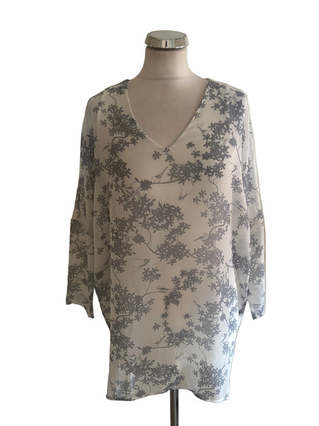 PHASE EIGHT WHITE & GREY FLORAL BIRD PRINT LONG SLEEVED TOP  SIZE 8