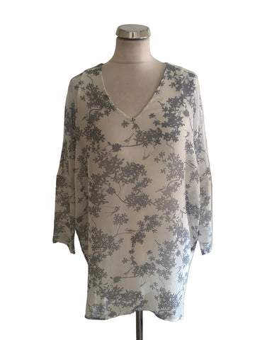 PHASE EIGHT WHITE & GREY FLORAL BIRD PRINT LONG SLEEVED TOP  SIZE 8