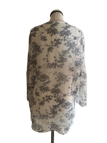 PHASE EIGHT WHITE & GREY FLORAL BIRD PRINT LONG SLEEVED TOP  SIZE 8