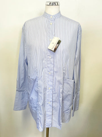 BRAND NEW STUDIO NICHOLSON BLUE STRIPE COLLARLESS LONG SLEEVE OVERSIZE SHIRT SIZE 10