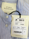 BRAND NEW STUDIO NICHOLSON BLUE STRIPE COLLARLESS LONG SLEEVE OVERSIZE SHIRT SIZE 10