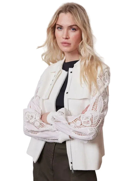 MINT VELVET OFF WHITE LONG LACE SLEEVED BIKER STYLE CARDIGAN/JACKET SIZE M