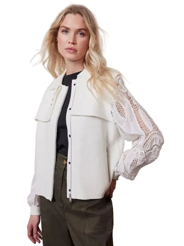 MINT VELVET OFF WHITE LONG LACE SLEEVED BIKER STYLE CARDIGAN/JACKET SIZE M