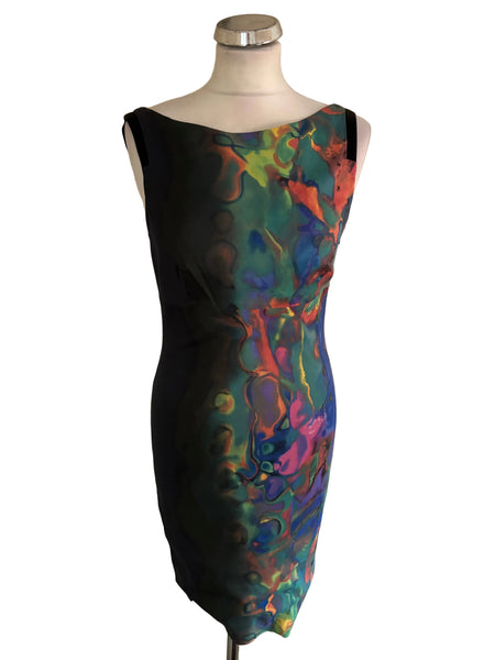 KAREN MILLEN NAVY & MULTI COLOURED FRONT SLEEVELESS PENCIL DRESS  SIZE 12