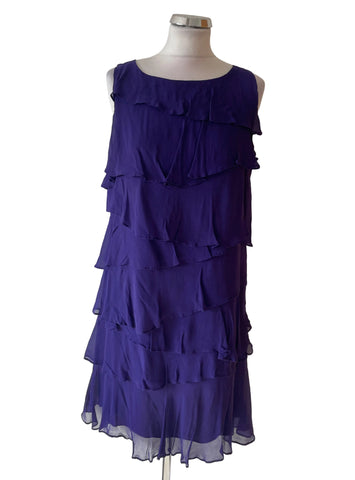 MONSOON 100% SILK PURPLE TIERED SLEEVELESS SHIFT DRESS SIZE 14