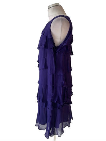 MONSOON 100% SILK PURPLE TIERED SLEEVELESS SHIFT DRESS SIZE 14