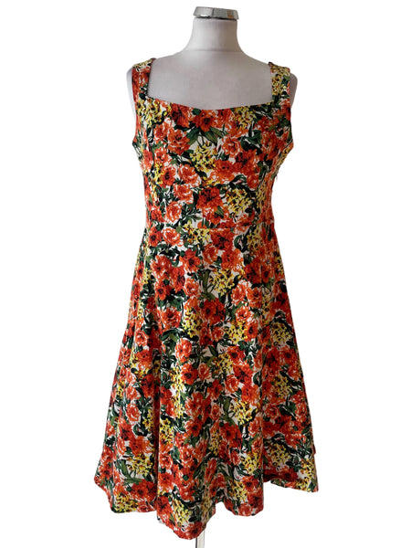LINDY BOP COTTON ORANGE FLORAL PRINT FIT & FLARE DRESS  SIZE 12
