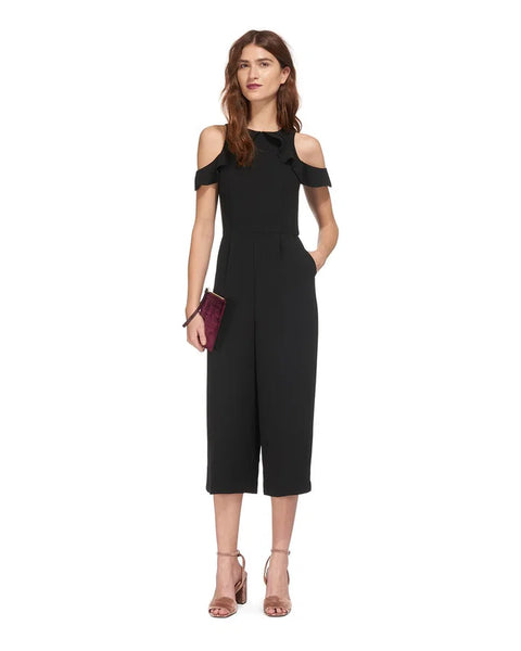 WHISTLES MIA BLACK FRILLED NECK COLD SHOULDER CROPPED LEG JUMPSUIT SIZE 8