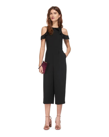 WHISTLES MIA BLACK FRILLED NECK COLD SHOULDER CROPPED LEG JUMPSUIT SIZE 8