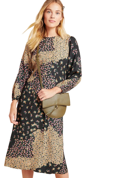 KACHEL X ANTHROPOLOGIE BLACK MULTI COLOURED DITZY FLORAL PRINT 3/4 SLEEVED MIDI DRESS SIZE 8 UK 12