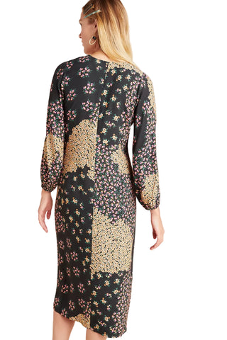 KACHEL X ANTHROPOLOGIE JOANNA BLACK MULTI COLOURED DITZY FLORAL PRINT 3/4 SLEEVED MIDI DRESS SIZE 8 UK 12