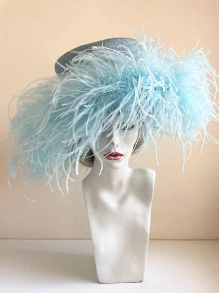 GWYTHER SNOXELLS TURQUOISE FEATHER TRIM WIDE BRIM FORMAL HAT