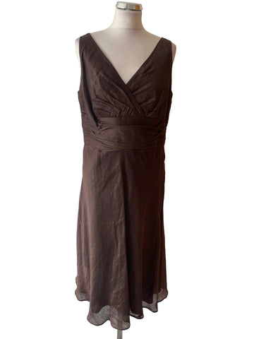 MONSOON BROWN LINEN & SILK MIX BROWN A-LINE DRESS  SIZE 16