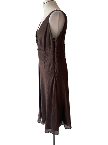 MONSOON BROWN LINEN & SILK MIX BROWN A-LINE DRESS  SIZE 16