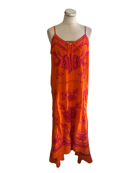 KAREN MILLEN ORANGE & FUCHIA PINK EMBROIDERED FINE STRAP MAXI DRESS SIZE 14
