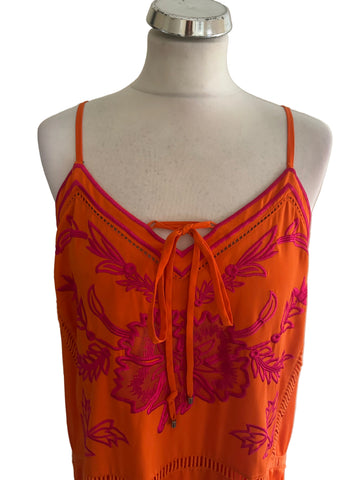 KAREN MILLEN ORANGE & FUCHIA PINK EMBROIDERED FINE STRAP MAXI DRESS SIZE 14
