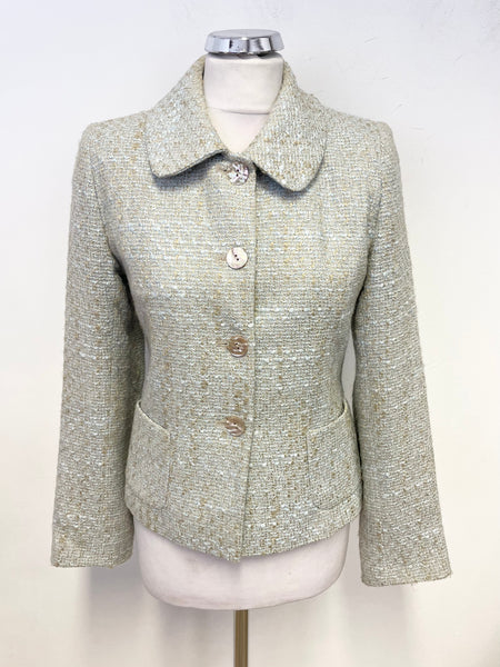 LK BENNETT DUCK EGG & BEIGE GOLD WEAVE COLLARED JACKET SIZE 8