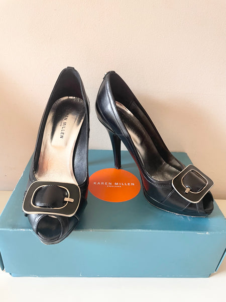 KAREN MILLEN BLACK PEEPTOE BUCKLE TRIM LEATHER HEELS SIZE 3.5/36