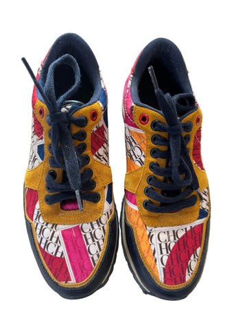 CAROLINA HERRERA MONOGRAM LOGO MULTI COLOURED CLOTH & LEATHER TRAINERS SIZE 4/37