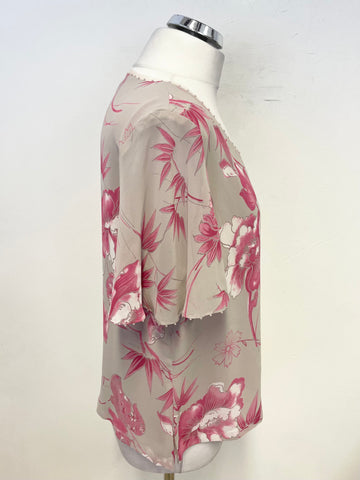 JACQUES VERT GREY & PINK FLORAL PRINT PEARL TRIMMED TOP & MATCHING SCARF SIZE 16