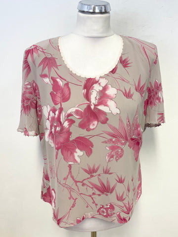 JACQUES VERT GREY & PINK FLORAL PRINT PEARL TRIMMED TOP & MATCHING SCARF SIZE 16