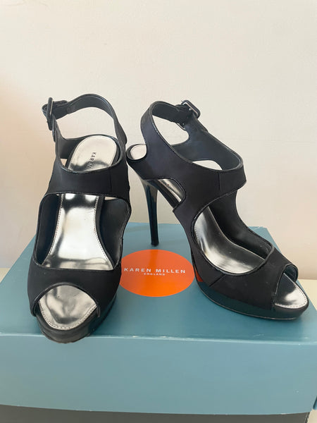 KAREN MILLEN BLACK SATIN HIGH STILETTO HEEL SANDALS SIZE 4/37