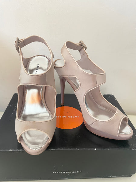 KAREN MILLEN OYSTER BEIGE SATIN HIGH STILETTO HEEL SANDALS SIZE 4/37