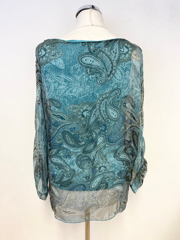 N AND WILLOW TURQUOISE PAISLEY BOAT NECK 3/4 SLEEVED TOP SIZE M