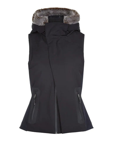 SWEATY BETTY BLACK FUR TRIM DOWN FILLED HOODED BODY WARMER/ GILET SIZE S